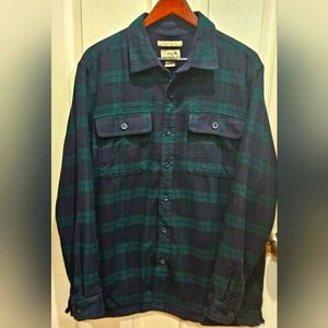 LL BEAN Flannel Fleece Lined Jacket Green Plaid Blackwatch Pockets VTG Mens L